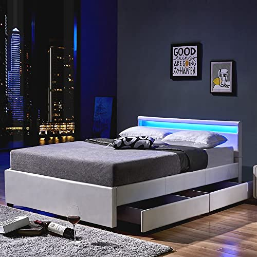 Home Deluxe - LED Bett NUBE - Weiß, 140 x 200 cm - inkl. Lattenrost und Schubladen I Polsterbett Design Bett inkl. Beleuchtung