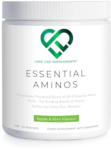 EAA Amino Acids Powder, All 9 Essential Amino Acids Including BCAA's and 2 Grams of Leucine per Serving, Apple & Kiwi Flavour, 348g - 60 Servings (5g of EAA's per Serving) - Love Life Supplements