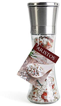 ARISTOS Salzmühle mit 200 g Inhalt grobes Meersalz mit Mediterranen Kräuter - Keramikmahlwerk wiederauffüllbar (Mediterrane Kräuter)