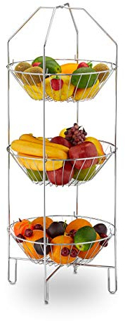 Relaxdays Frutero de 3 Pisos, Cesta para Frutas Cocina de Pie, Verduras o Pan, Cuenco Redondo Metal, 9x22,5 cm, Plateado, Acero