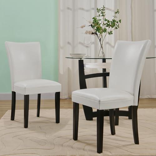 Parsons Dinning Chairs with Leather Surface Set of 2, Solid Wood Accent Side Chairs with High Back, Simple Office Chairs, Upholstered Seat, Holds Up to 300 Lbs, Easy Assembly Ivory White CY1331WT