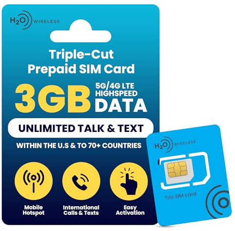 H2O Wireless 90-Tage Prepaid-SIM-Karte USA mit 3 GB Highspeed-4G-LTE/5G-Daten und 2 GB mobilem Hotspot, unbegrenzte Daten, Internationale Gespräche und SMS, dreifach geschnittene US-Mobil-SIM-Karte