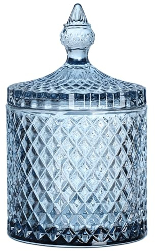 Sizikato Diamond Faceted Crystal Glass Candy Jar with Lid, 18oz Blue Decorative Jar, Nut Jar, Dried Fruit Storage Jar.