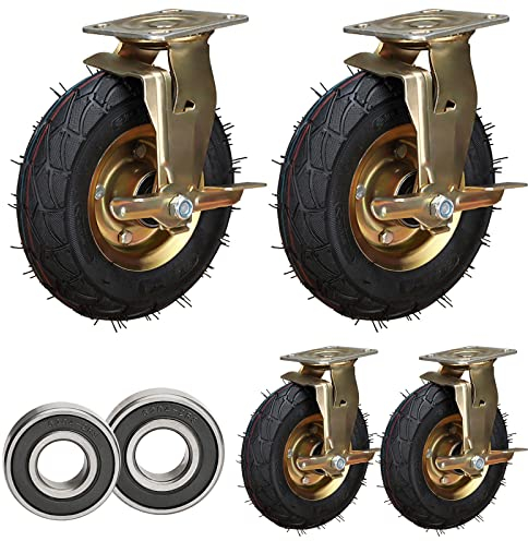 Schwarz Schwerlastrollen 200mm/250mm（4er-Packung）360 Grad Drehbar Möbelrolle Mit Bremse, Doppelkugellager/Metallplatten, Gummi Transportrollen Für Trolleys, Tragkraft 600 Kg