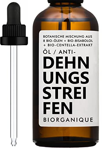 Pflegeöl gegen DEHNUNGSSTREIFEN + NARBEN | 100% natürlich | Mit BIO Wildrosenöl + BIO Avocadoöl + BIO Macadamiaöl | Trockene Haut/Unebenmäßiger Teint/Dehnungsstreifen | 100 ml