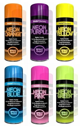 SCHNAZZ 6 x of Fluorescent Bright Neon Spray Paint Aerosol DIY Graffiti Extra Bright Assorted Colours Paint | Blue | Green | Orange | Pink | Yellow | Red | Purple 200ml