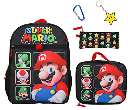 BIOWORLD Unisex Super Mario Bros Character Grid 5- Piece Backpack Set (Little Kid/Big Kid), Yellow, One size