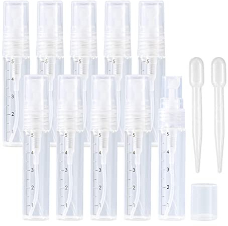 Apstaqeoo 10Pcs, 5Ml Empty Glass Spray Bottles with Scale - Clear Mini Sample Perfume Atomizer Vial Travel Bottles Set with Fine Mist Sprayer & Clear Dust Cap Perfect for Fragrance, Essential Oils