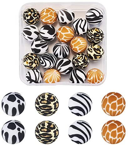 Boutigem Lot de 20 perles rondes en silicone de 14,5 mm - Motif rayures et fissures - Imprimé zèbre et léopard - Perles en vrac pour la fabrication de bijoux, bracelets, colliers et boucles d'oreilles