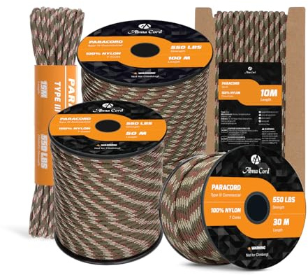 Abma sladd paracord 550 4 mm nylonrep (15 m-30 m-50 m-100 m) typ III 7 strängar fallskärmslina topp 45 heta färger – max. 250 kg – Skogskamera, 15 m