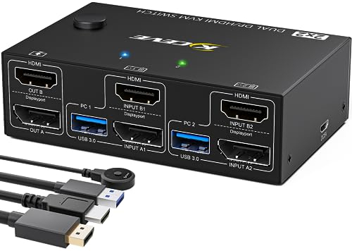 Switch KVM USB 3.0 Displayport HDMI 2 porte, KVM Switch 2 PC 2 Monitor 4K@60Hz, KVM Switch Dual Monitor con 4 porte USB 3.0 per 2 Computer Condividi Mouse, Tastiera e Monitor