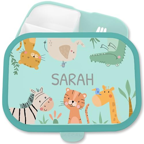 Brotdose Kinder Campus für Mepal - Zootiere Afrika Tiere Elefant Zebra Tiger Giraffe Nilpferd Löwe Krokodil - 750 ml - Türkis - brotbüchse kindergarten lunchbox with name tieren elefanten