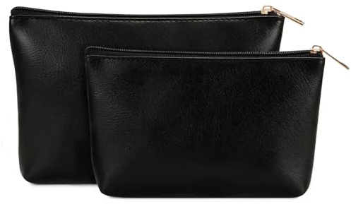 2 Piezas Pequeñas Neceser Maquillaje Mujer Portátil Maquillaje Bolso para Viaje con Cremallera y de Cuero Vegano Hidrófugo, Negro (Patente Pendiente)