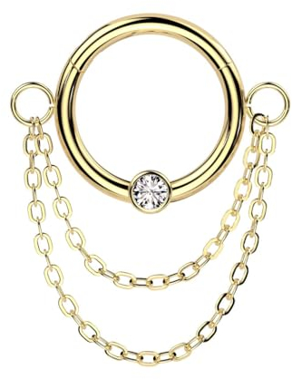 beyoutifulthings Piercing-Ring Gold 2 Ketten-Anhänger Zirkonia Clear Universal-Piercing Ohr-Ring Nase Septum Segment-Ring Klapp-Verschluss 10-mm