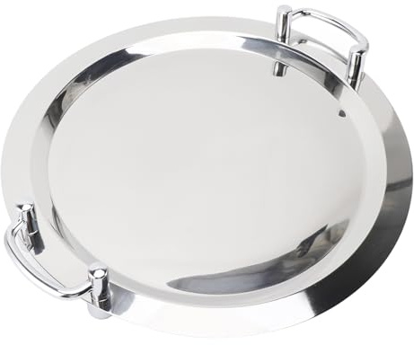 Plateau en Acier Inoxydable avec Support, Plateau de Service en Métal Portable, Assiette à Dîner, pour Restaurant, Hôtel, Buffet (Forme Ronde avec poignée dorée, 46 cm)