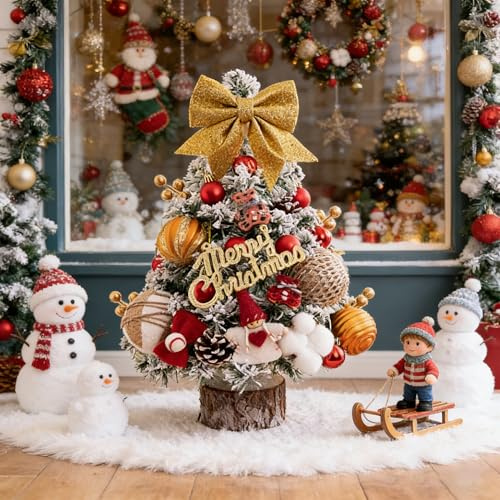 DXIA 45cm Mini Albero di Natale Luminescenza, Piccolo Albero da Tavolo con Fiocchi e Palline, Realistico