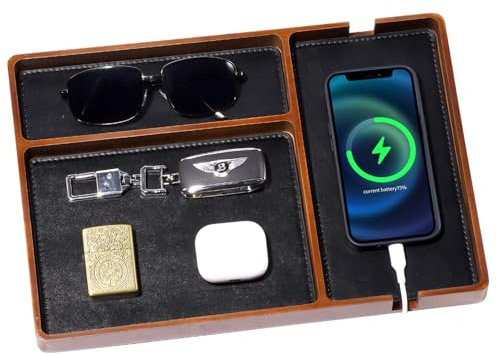 ProCase Holz Ablage Tablett, Valet Tablett Schreibtisch Organizer Büro Aufbewahrungsbox Nachttisch Ablage Schale Schreibtisch Ordnungssystem für Handy Uhr Schlüssel Schmuck Parfüm -Braun