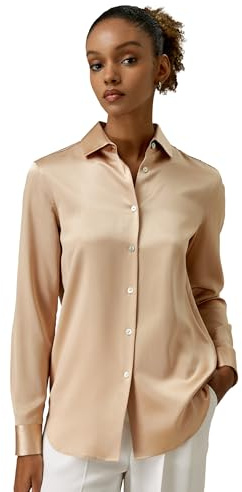 LilySilk Damen reines Seidenhemd Frauen Klassische Bluse mit spitzem Kragen und Perlmuttknopf für Freizeit und Arbeit(Hell Kamel,M)
