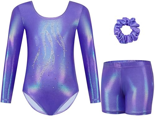 Gogokids Mädchen Dreiteilige Gymnastikanzüge, Langärmliges Gymnastik Set mit Shorts und Haarband, Glitzernde Balletteinheitstrikots - Gymnastik Outfit mit Farbverlaufdesign für 3-12 Jahre
