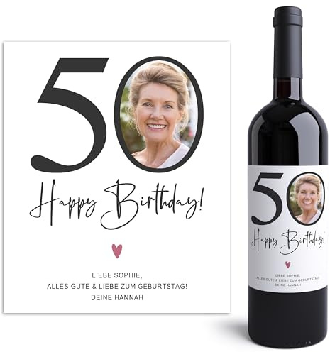 50. Geburtstag Weinetiketten personalisiert mit Foto Geschenk 2 Stück | Personalisiert, selbstklebende Etiketten, 10 x 12 cm, 2 Stück im Set, Flaschenetiketten selbst gestalten
