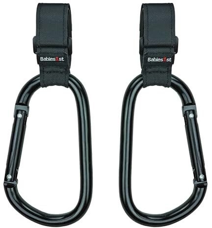 Babies1st Oversize Kinderwagen Haken mit Anti-Rutsch klettverschluss, 14 cm, Kinderwagenhaken für Wickeltasche, Wickelrucksack, Laufrad, Rollstuhl, Kinderwagenkarabiner Premium Black Edition 2er Set