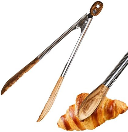 Juego de pinzas de cocina, pinzas de barbacoa inoxidables, pinzas de madera de olivo, pinzas de cocina resistentes, las mejores pinzas de cocina de madera de olivo para servir ensaladas, asar y más,