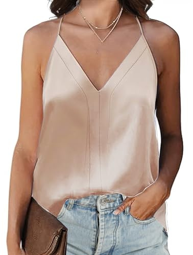 Koerye Débardeur Femme D'été en Satin T-Shirt Spaghetti Bretelles Camisole Col en V Tank Top Elégant sans Manches Blouse(Champagne,L)