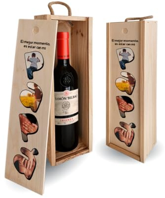 DEREGALOOS Caja de Vino de Madera Personalizada con Nombre. Set de Vino Personalizado para Padres. Regalos Originales Día del Padre. Detalles para Hombres. (Caja Sola, Papá Fotos)