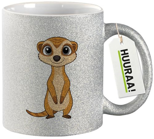 Huuraa Glitzertasse Erdmännchen Comic Geschenk | Motivtasse 330ml Glitzer Tasse mit Spruch Silber Keramik Kaffeebecher Geschenkidee Silver Glitter Becher mit Motiv