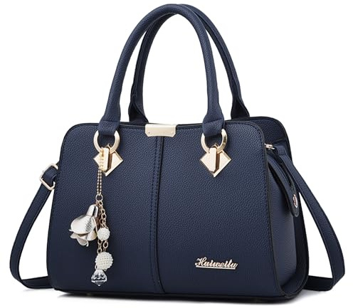 FOLOVEYA Handtasche Damen PU Leder Elegante Umhängetasche mit Anhänger Frauen Schultertasche Mittelgroß Henkeltasche Tote Tasche für die Arbeit Reisen Blau