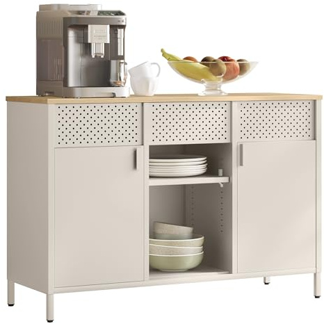 SONGMICS Armadietto, Mobiletto in Metallo, Armadio con Doppia Anta, Chiusura Magnetica, Ripiani Regolabili, Credenza in Acciaio, Beige Sabbia e Rovere Naturale LSC204LF01