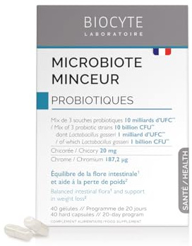 BIOCYTE Microbiote Minceur - Complement Alimentaire Probiotique Flore Intestinale - 10 milliards d'UFC, Vitamines, Arginine, Chrome, Chicorée - Programme 20 Jours