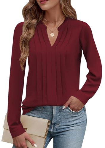 Cuptacc Magliette Donna Manica Lunga Scollo a V Top Donna Camicie Elegante Henley Mussola Blusa e Camicie Vino Rosso, XX-Large XXL 50
