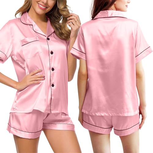 Fjquamitix Silk Pyjamas for Women, Ladies Satin Pyjamas Short Sleeve Button Down Soft Bride Pjs Sets Loungewear Sleepwear (UK, Alpha, M, Regular, Regular, Pink)