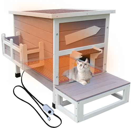 Rockever Heated Cat House for Outside Cats in Winter, Large Heated Cat Houses with Heating Pad, Wooden Outside Cat Shelter Weatherproof with Escape Door