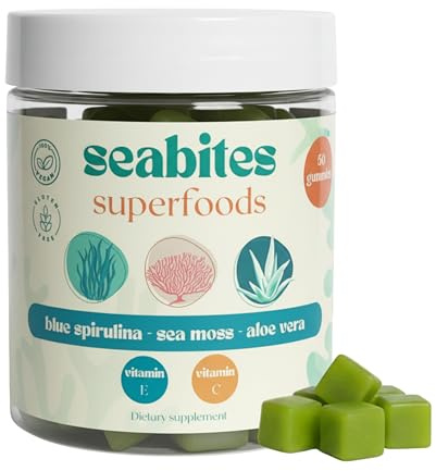 Seabites Superfoods Gommose con 92 Minerali | Muschio Marino (Seamoss), Spirulina Blu, Aloe Vera, Vitamina C+E | Energia, Immunità, Pelle Radiosa | Vegane, Senza Glutine | Gusto Fragola-Limone