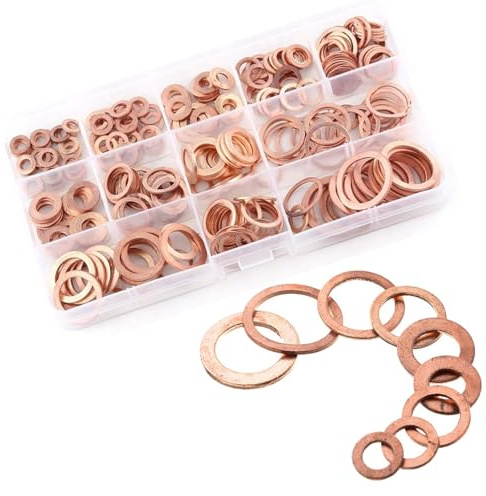 200-Piece Copper Washer Assortment Set with Storage Box, 9 Sizes Flat Sealing Rings for Automotive, Electronics, and Plumbing Applications
