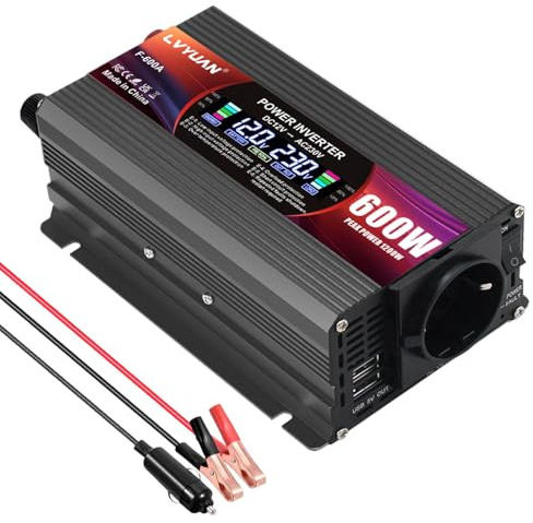 LVYUAN Inversor 12v 220v 230V Transformador 1200W Peak Potencia Continua de 600W, con USB y Pantalla LCD, para Coche, Autocaravana, camión