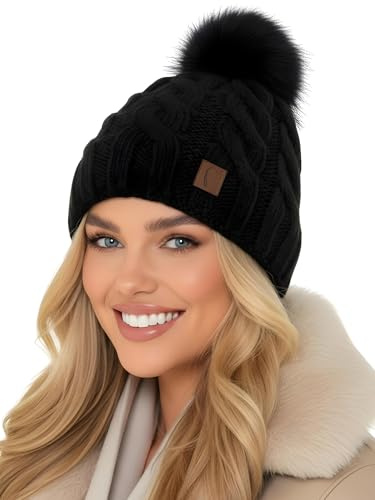 Baesics Bommelmütze Damen Herren Schwarz - Zopfmuster Wintermütze warm