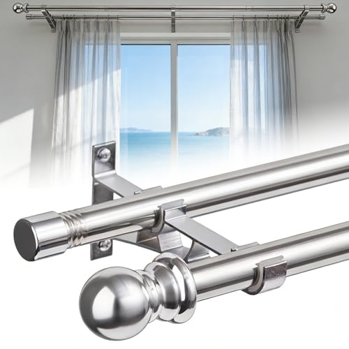 Doppelte Gardinenstangen, 2,5 cm schwere doppelte Fensterstangen, 76–146 cm verstellbare Gardinenstangen für Glasschiebetüren, Terrassen, Schlafzimmer, silber