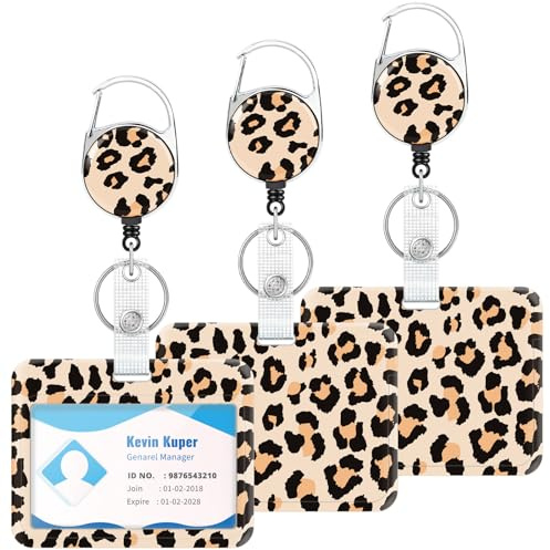 Epaing 2 Stück Leopard Ausweishülle mit Clip, Kartenhülle mit Schlüsselanhänger Ausziehbar, Kartenhalter Ausweis Krankenschwester Zubehör, Ausweishalter für Büroangestellte Lehrer Student Geschenke