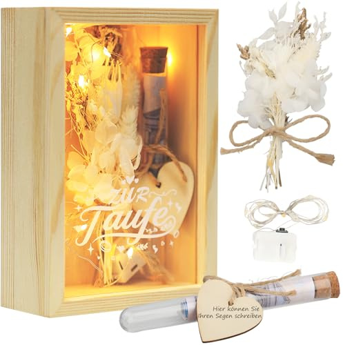 Geldgeschenk Geburtstagsgeschenkbox – Magische LED-Beleuchtung & Premium-Holzbox mit Trockenblumen, Röhrchen + Holz-Grußkarte zum Beschriften – Perfekt für Babypartys, Jubiläen, Taufen (Taufen)
