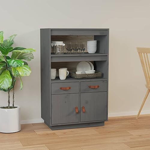HETFTJN Highboard Grau 67x40x108,5 cm Kiefer Massivholz mit Regalfächern und Schubladen, Standvitrine mit Landhaus-Charme für Wohnzimmer Flur Küche