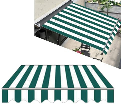 Toldo manual de reemplazo con tela a rayas verde-blanco de 2 m x 4 m, retráctil, para ventana o puerta exterior (1,10 x 8,2 pies / 3 x 2,5 m) – Resistente a rayos UV