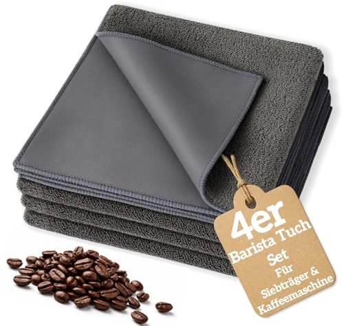 4er Barista Tücher Grau 30x30cm 500GSM, Mikrofaser für Siebträger Reinigung | Barista zubehör, doppelseitig, fusselfrei, streifenfrei, saugstark, für Siebträger, Dampflanze, Kaffeemaschine, waschbar