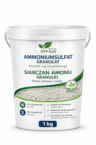 DTP-SOFT Ammoniumsulfat 1kg - Stickstoffdünger und Schwefeldünger im Eimer - Ammoniumsulfat Dünger für Heidelbeeren, Moorbeetpflanzen, Rhododendren, Azaleen und Gartenpflanzen - Dünger für kräftiges W