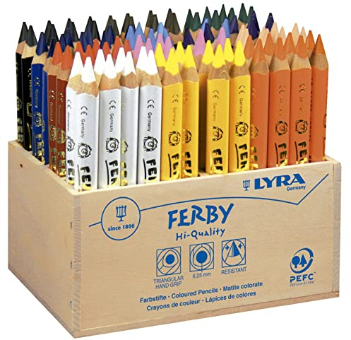 LYRA Ferby Holzaufsteller mit 96 Farbstiften, Sortiert | Dreikant, lackiert, Mine 6,3mm, kurz, 12cm, 8 x 12 Stk.