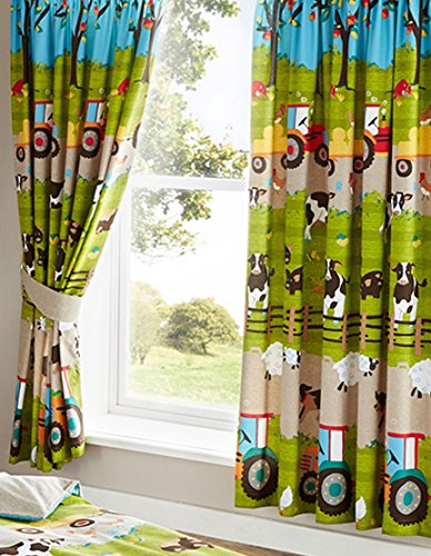 Kids Club Farmyard Animal Fully Lined Pair of Curtains 66 X 72 183cm Bedroom Cow Tractor, Cotton/Polyester, Green, 183 h x 168 l Centimeters