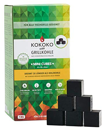 McBrikett KOKOKO MINI Cubes Premium Grillkohle für Tischgrills, 1 kg Bio Kokos Grillbriketts