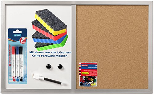 Herlitz 10685394 Pinnwand und Magnettafel, 40x60cm mit Holzrahmen, silber/Kombi-Set (inkl. Marker, Löscher & Nadeln)